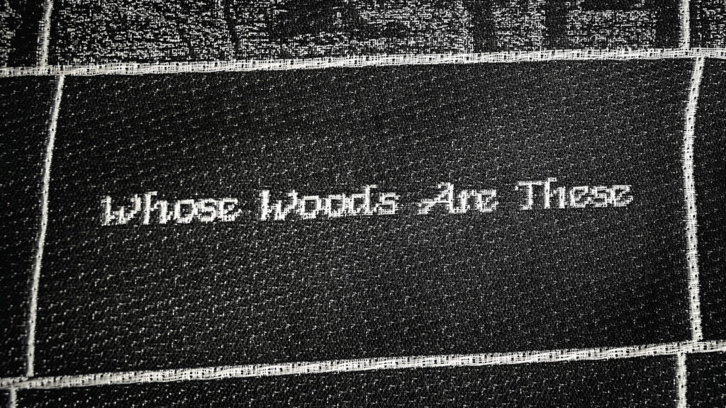 A woven "cell" spells "Whose Woods Are These" with white thread. 